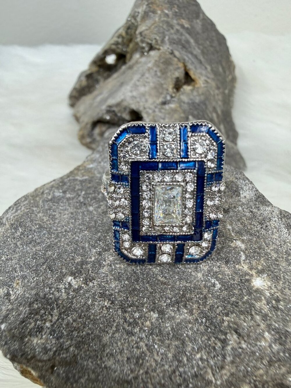 Art Deco Inspired Silver Tone Ring w/ Blue Enamel & Rhinestones Size 11.25